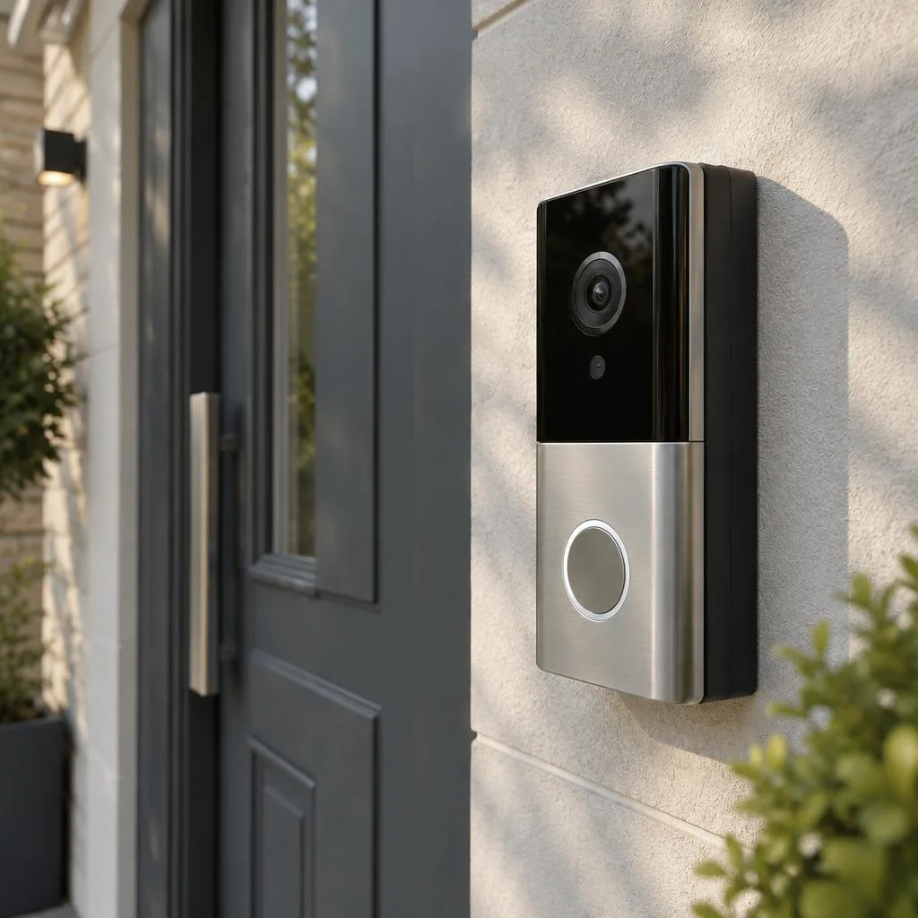 Video doorbell installed beside a front door